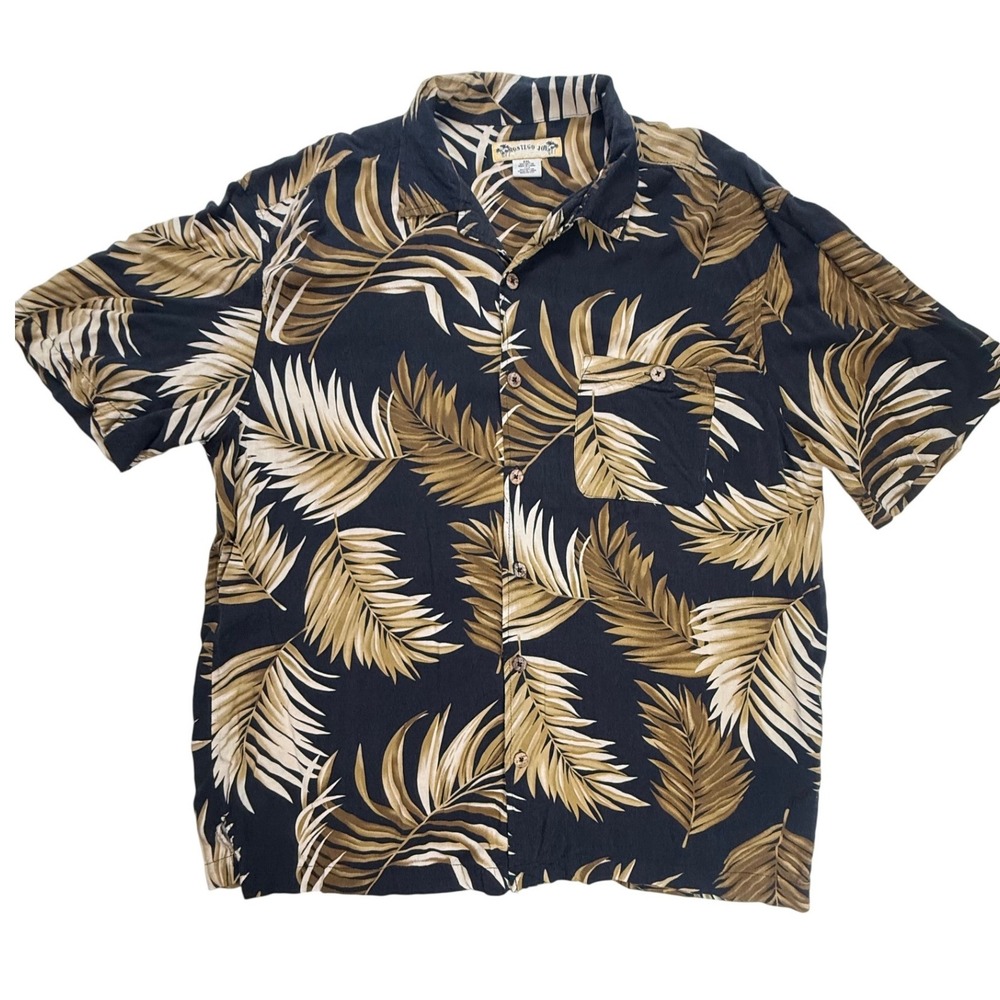 Montego Joe Mens XXL Tropical Palm Leaf Print Rayon Camp Shirt Navy Tan XL-2847